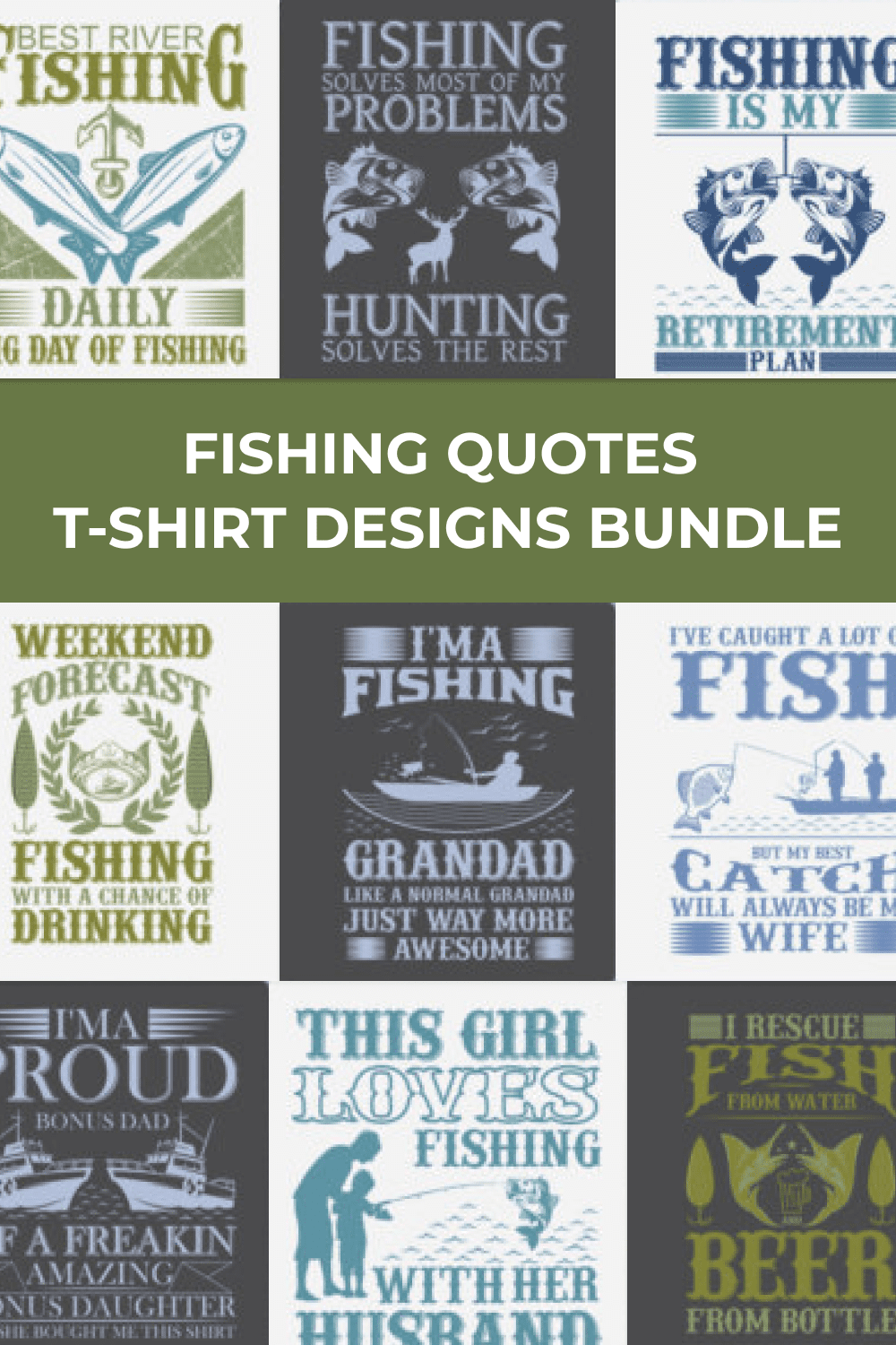 Various graphics about fishing in the form of posters.