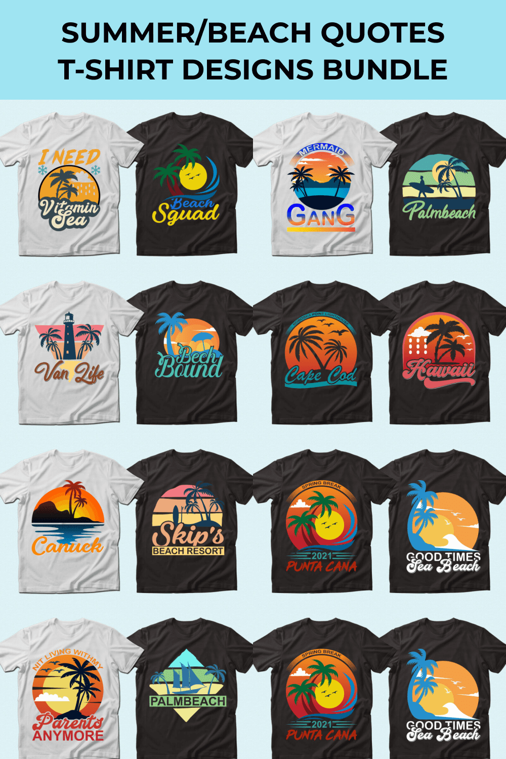 Set of white and black t-shirts with summer sunsets.