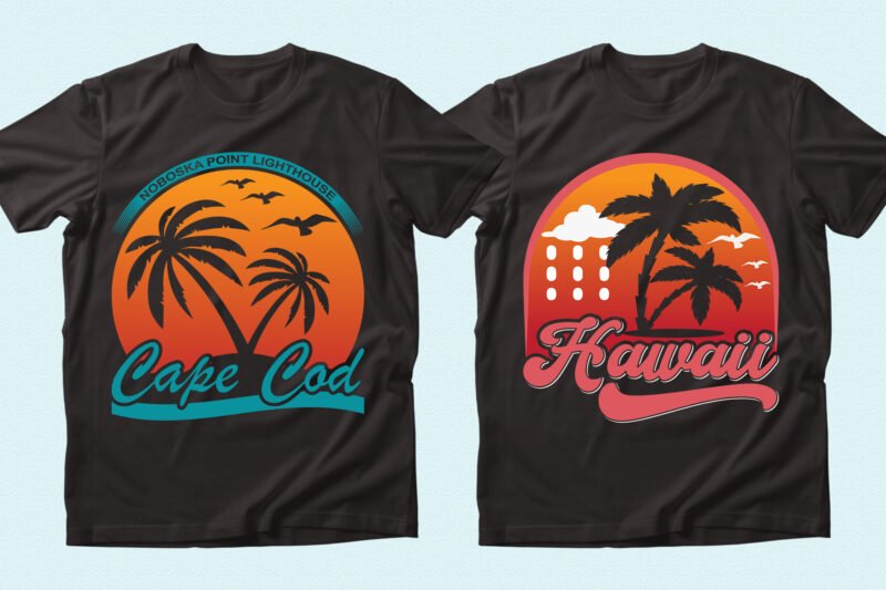 Two black t-shirts with sunset graphics.