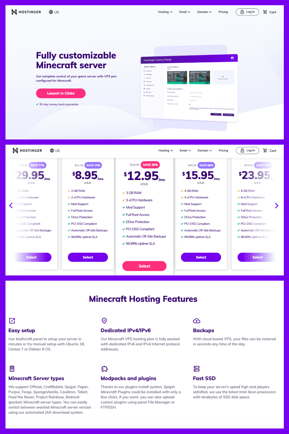 Server in purple and with multiple pricing blocks.
