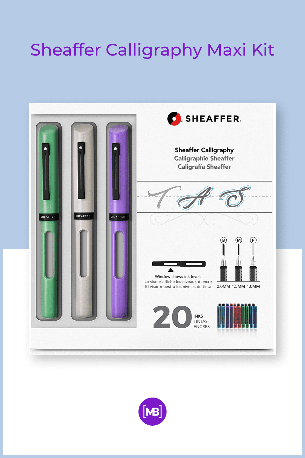 Three modern calligraphy pens with glossy resin finishes in neo-mint, white, and lavender.