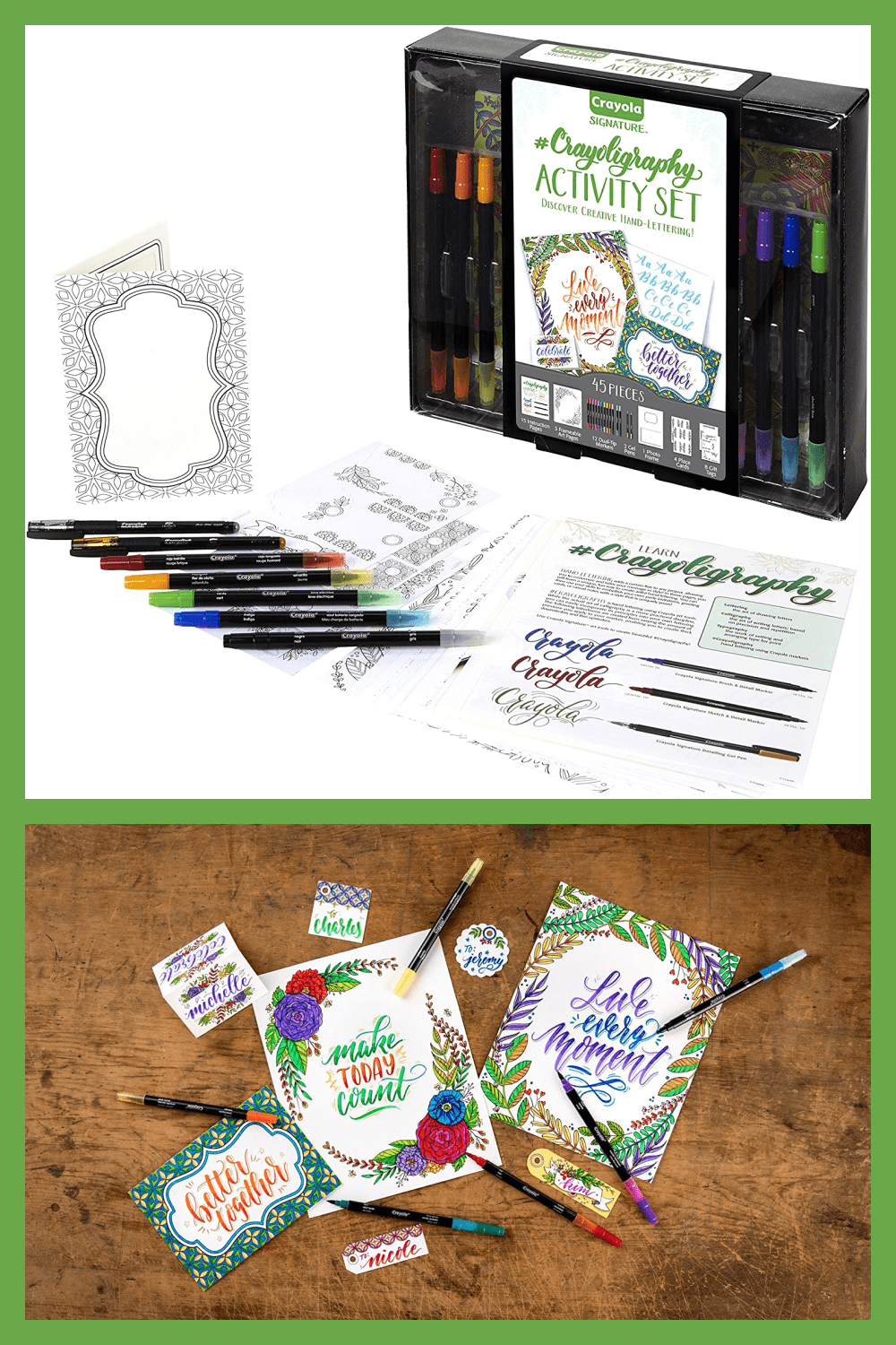 This kit includes everything you need to learn the art of hand-lettering, including intro and practice sheets, premium markers, and detailing gel pens.