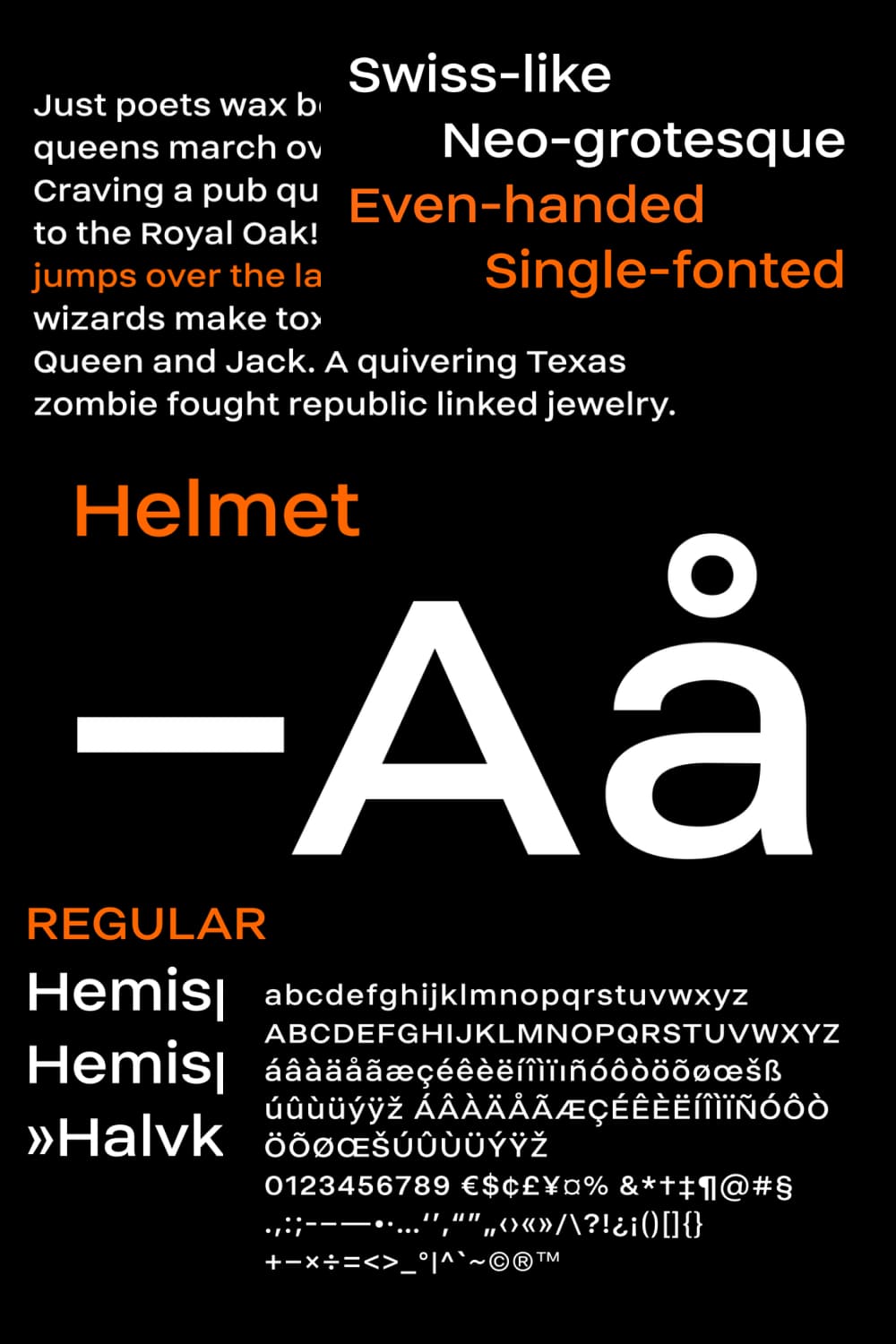 This is a neo-grotesque display typeface, currently with a single font.