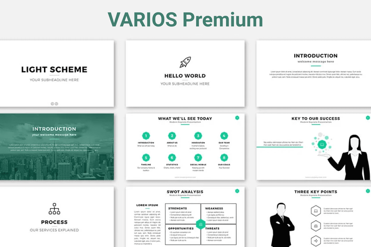 Green and white template with simple graphics and infographics.
