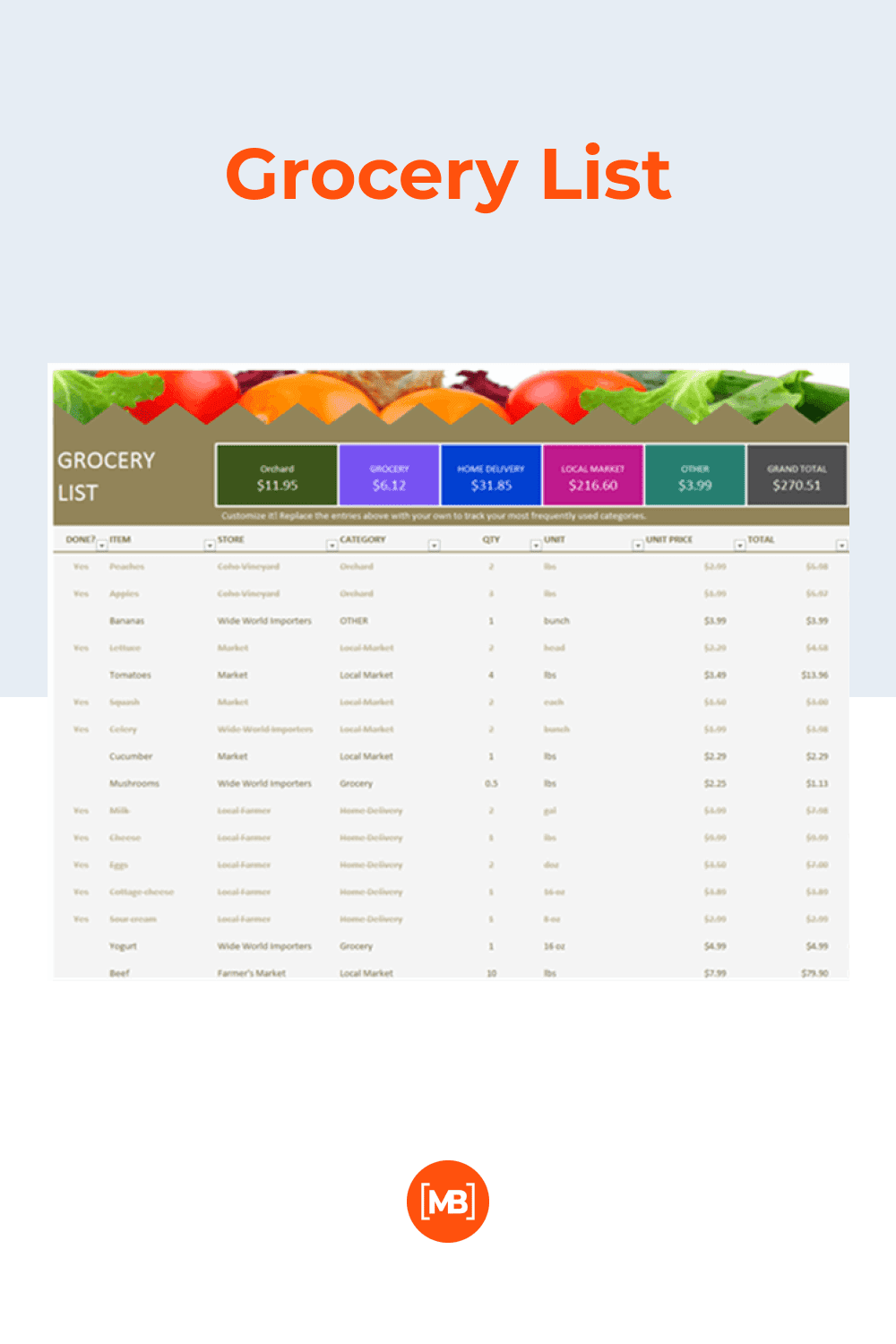A vibrant food planner with themed images and and a place for calorie content.