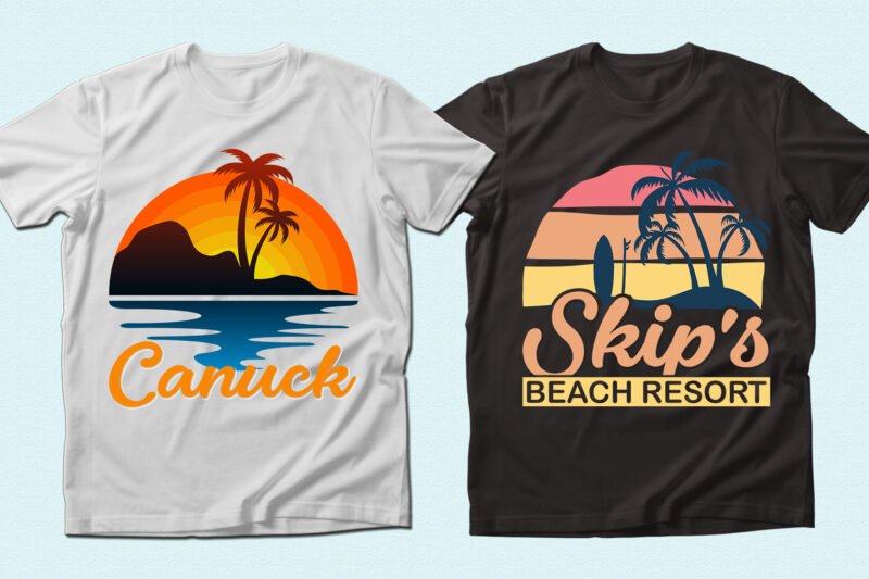 T-shirts with beach illustrations.