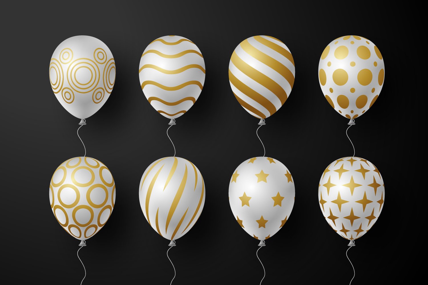 Gold balloons with prints and other colors.