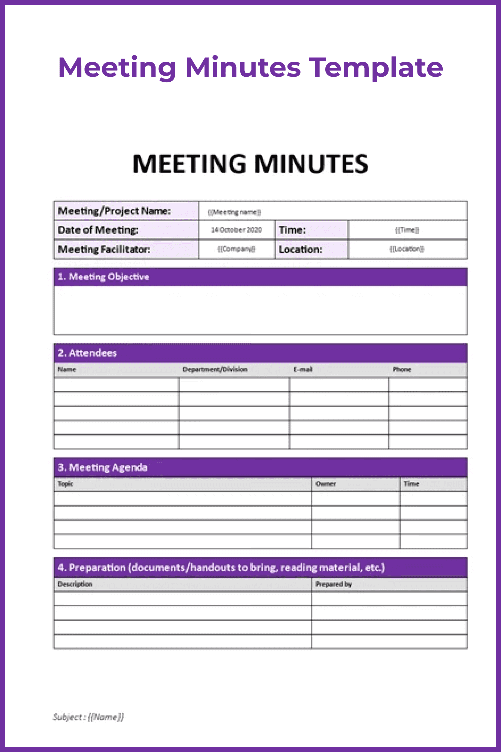A table for conclusions after the meeting in purple.