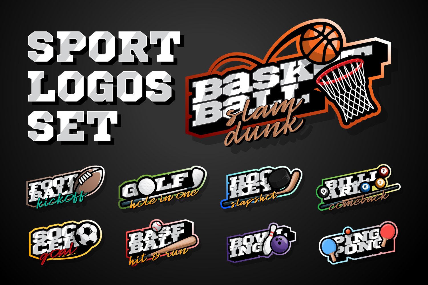 Logo of sports teams with their attributes - racket, basketball hoop, ball, etc.