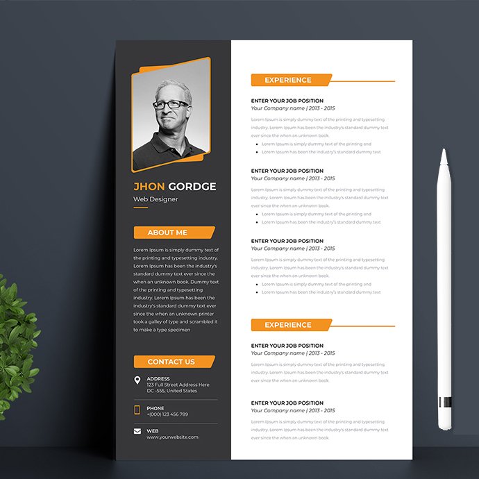 Professional resume template with orange accents.