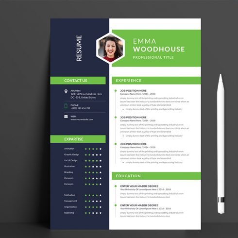 Professional resume template with a green and blue color scheme.