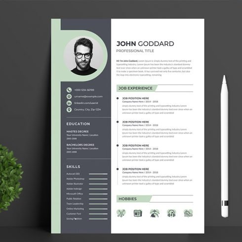 Professional resume template with a green and gray color scheme.