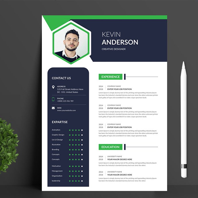 Professional resume template with green accents.