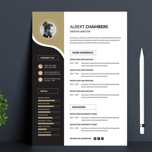 Professional resume template with a black and gold color scheme.