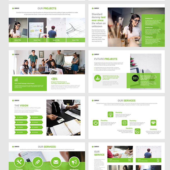 This is a large eco-style template with green blocks and infographics.