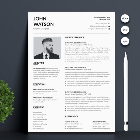 Professional resume template with a green plant.