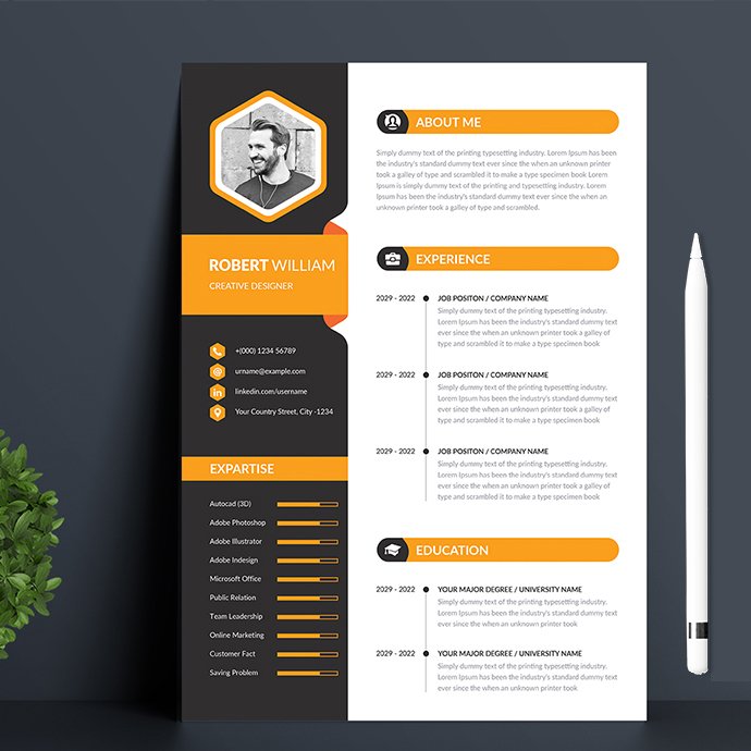 Modern resume template with orange accents.