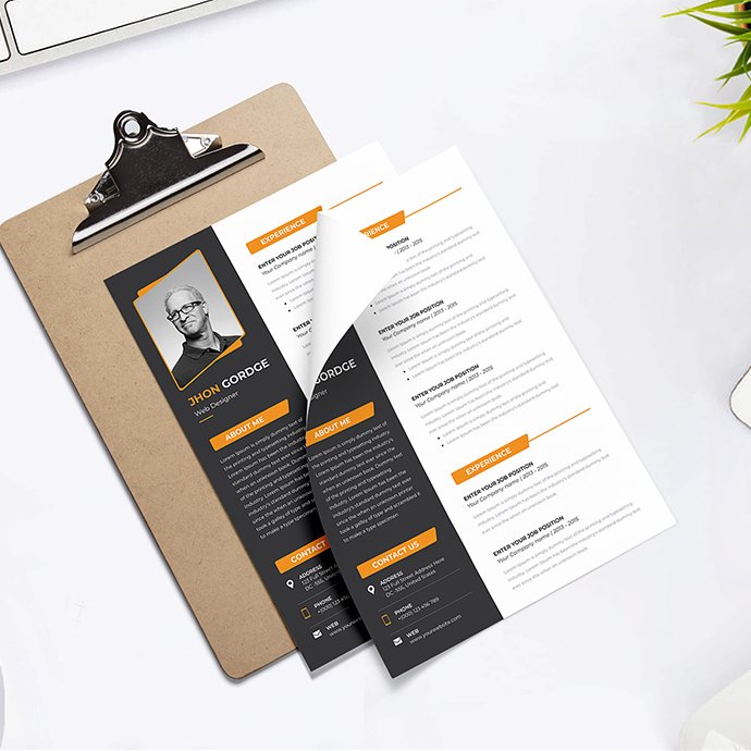 Clean and modern resume template on a clipboard.