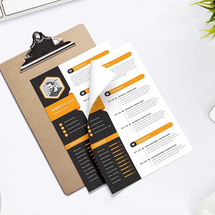 Clean and modern resume template on a clipboard.