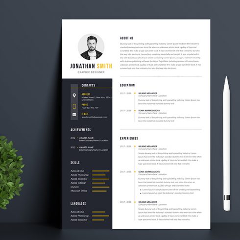 Professional resume template with a yellow accent.