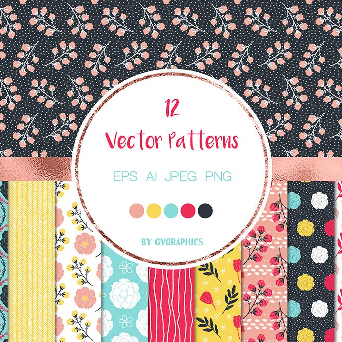 Vivid Colorful Flowers, Leaves and Doodles Vector Patterns main cover.