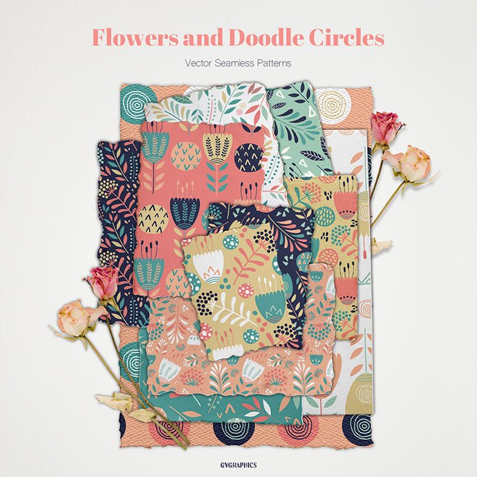 Flowers and Doodle Circles Vector Patterns main cover.