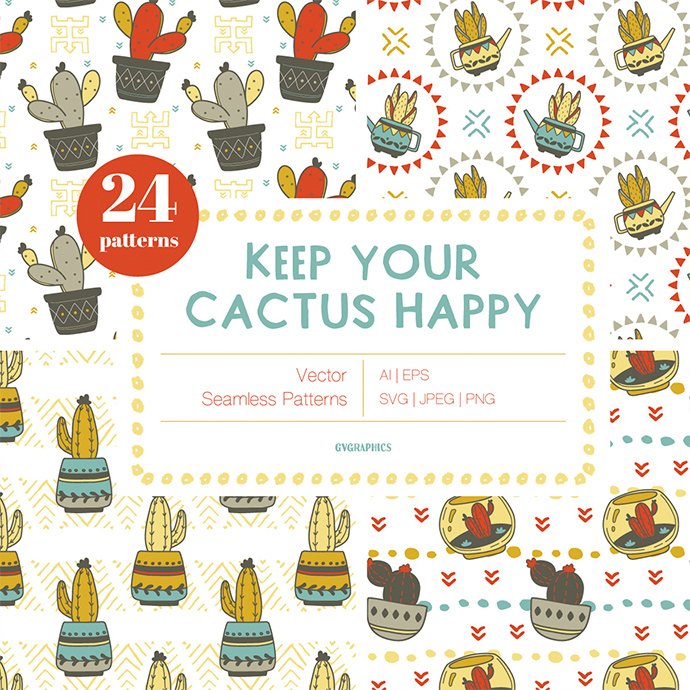 Keep Your Cactus Happy Vector Patterns main cover.