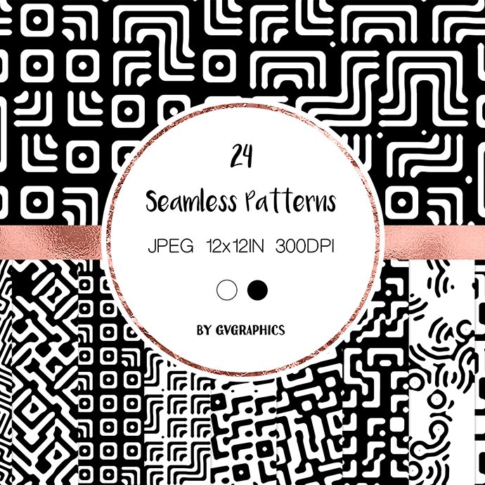 Black and White Curved Labyrinth Seamless Patterns Example.