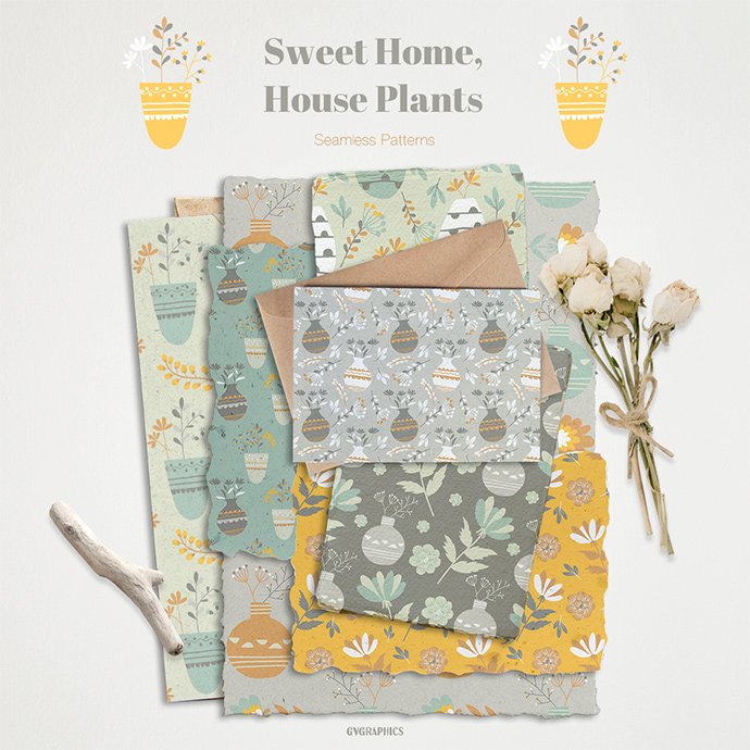 Sweet Home, House Plants Seamless Patterns main cover images.