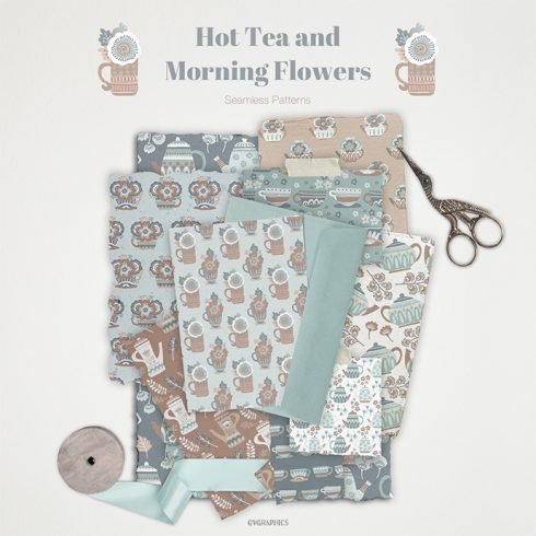 Hot Tea and Morning Flowers Seamless Patterns main cover.