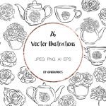 Hand drawn Tea cups, Teapots and Roses Vector Illustrations main cover.