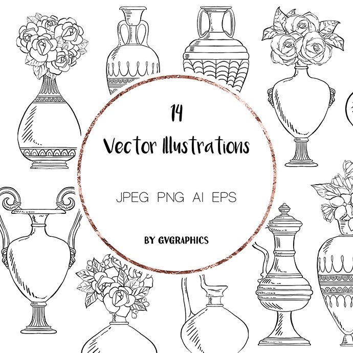 Hand drawn Vintage Vases and Flowers Vector Illustrations main cover.