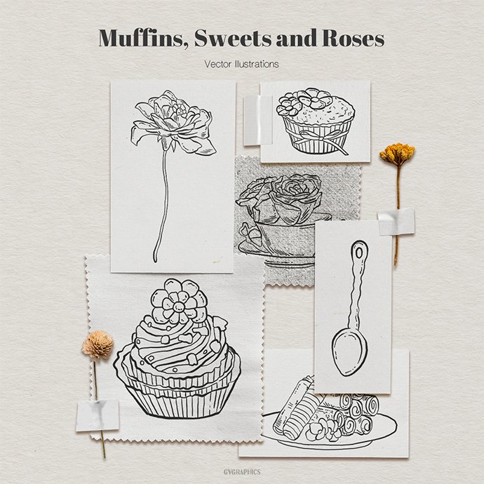 Muffins, Sweets and Roses Vector Illustrations main cover.