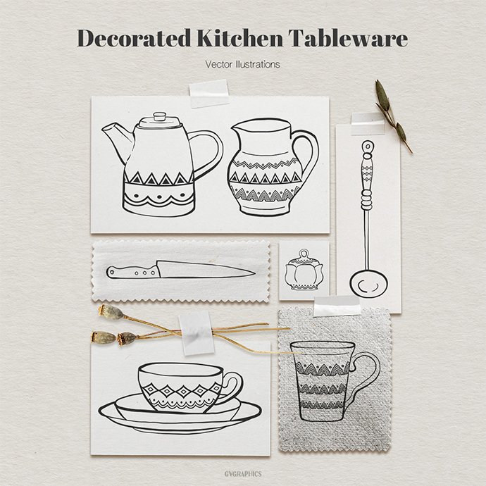 Decorated Kitchen Tableware Vector Illustrations main cover.