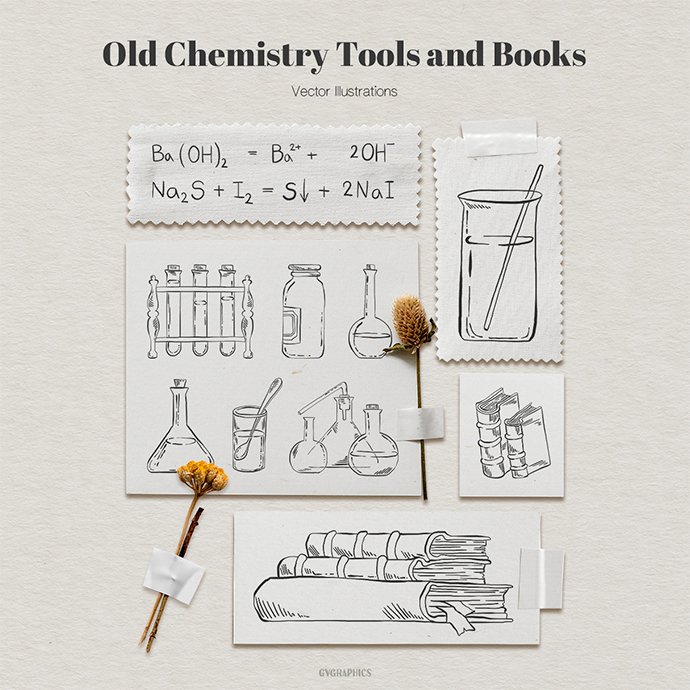Old Chemistry Tools and Books Vector Illustrations main cover.