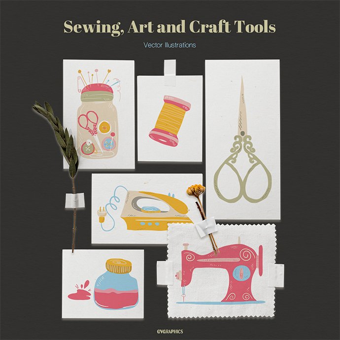 Sewing, Art and Craft Tools Vector Illustrations main cover.