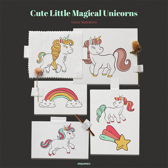 Cute Little Magical Unicorns Vector Illustrations main cover.