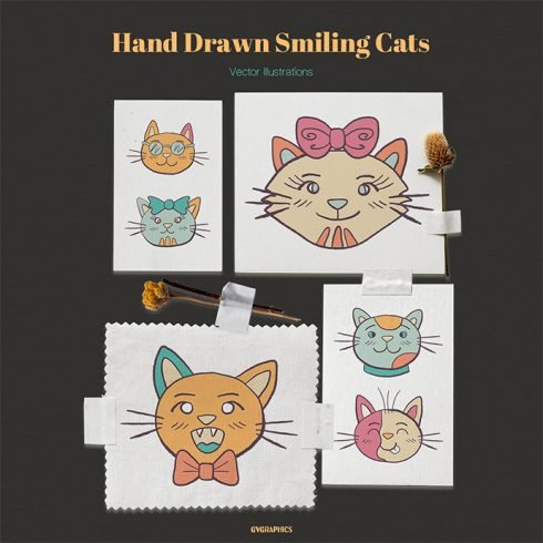 Hand Drawn Smiling Cats Vector Illustrations main cover.
