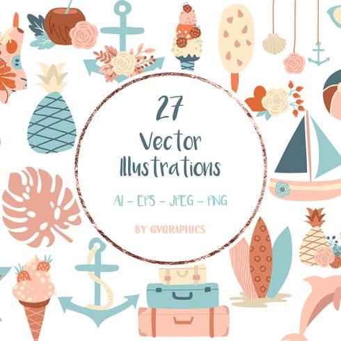 Vacation Beach Objects, Set of Summer Vector Illustrations main cover.