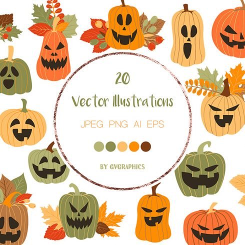 Halloween Pumpkins and Fall Leaves Vector Illustrations main cover.