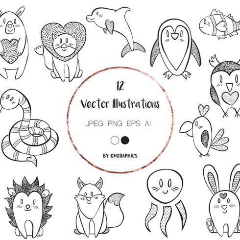 Valentine's Day Animals Hand Drawn Vector Illustrations main cover.