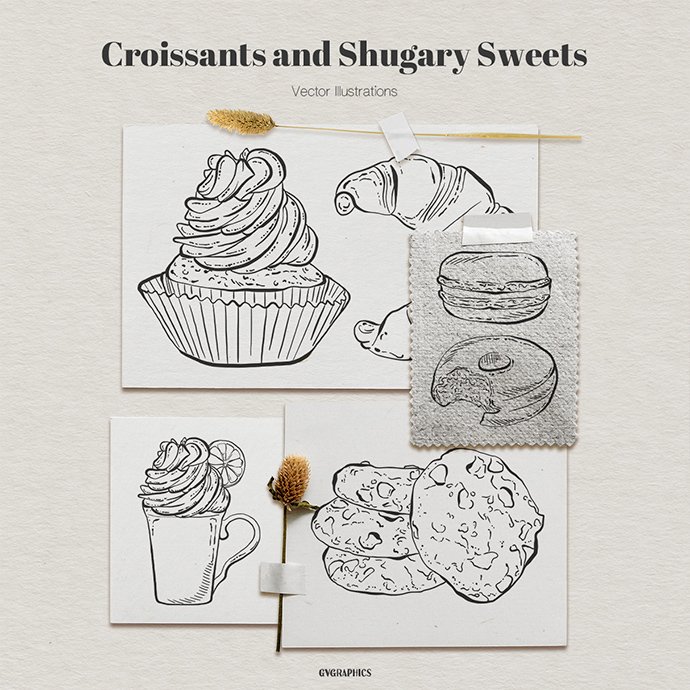 Croissants and Sugary Sweets Vector Illustrations main cover.
