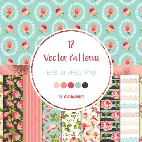 Elegant Pink Flowers Vector Seamless Patterns main cover.
