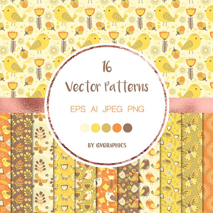 Bright Flowers and Birds Vector Patterns main cover.