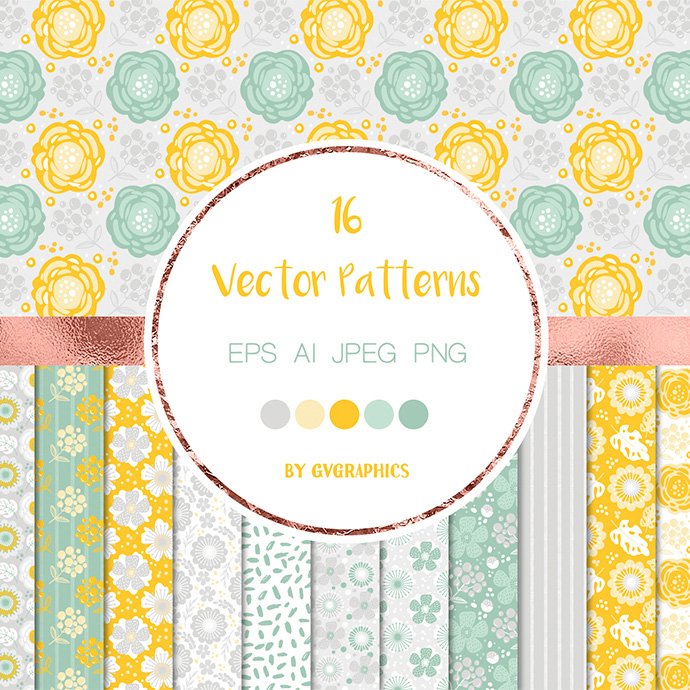 Gray, Yellow and Green Nature Vector Patterns main cover.
