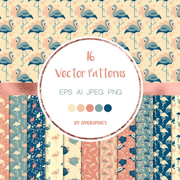 Flamingos, Palm Leaves and Flowers Vector Patterns main cover.