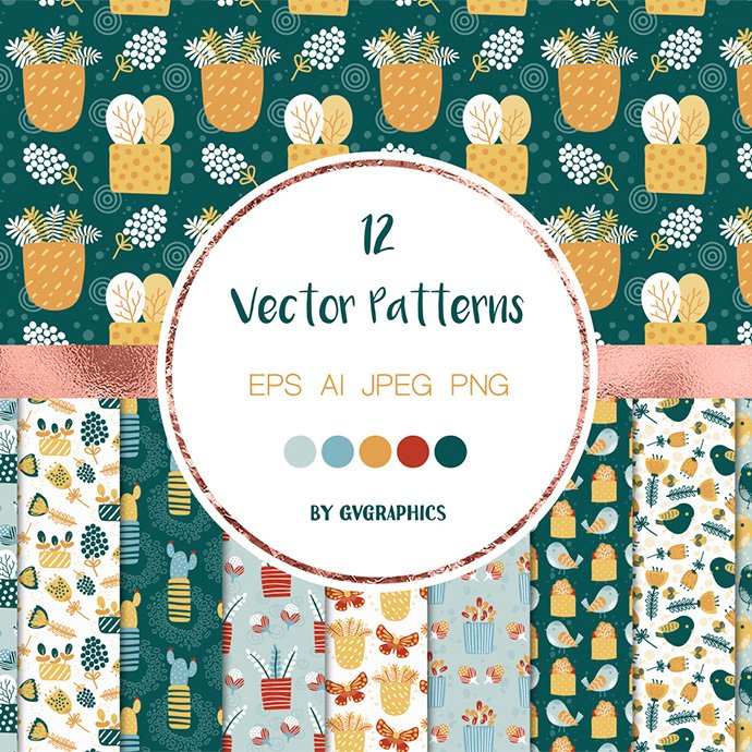 Spring Flowers and Birds Vector Patterns and Tiles main cover.
