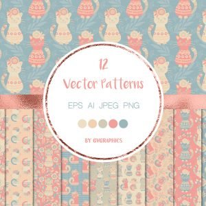 Colorful Cats and Flowers Vector Patterns main cover.