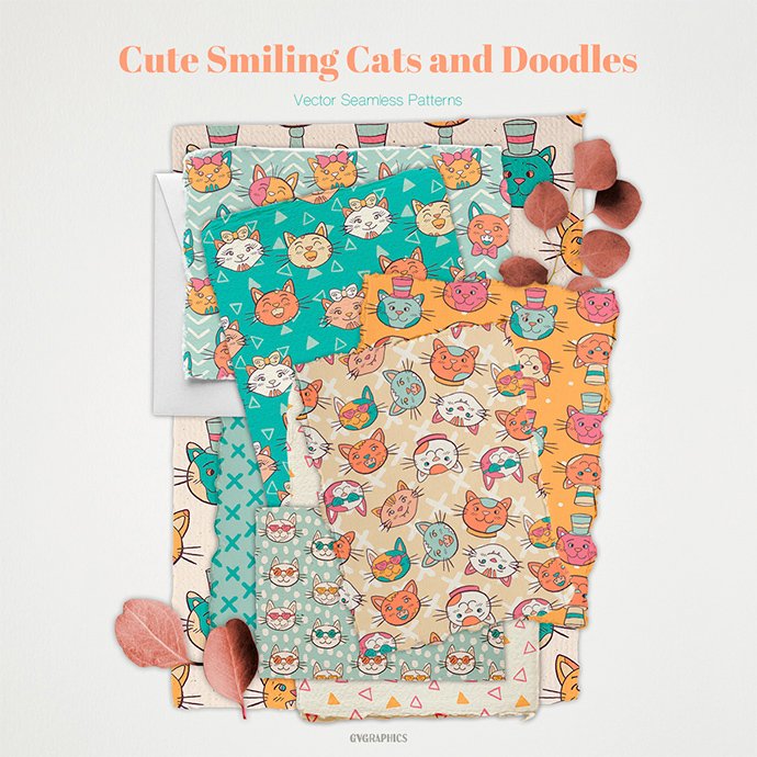 Cute Smiling Cats and Doodles Vector Patterns main cover.