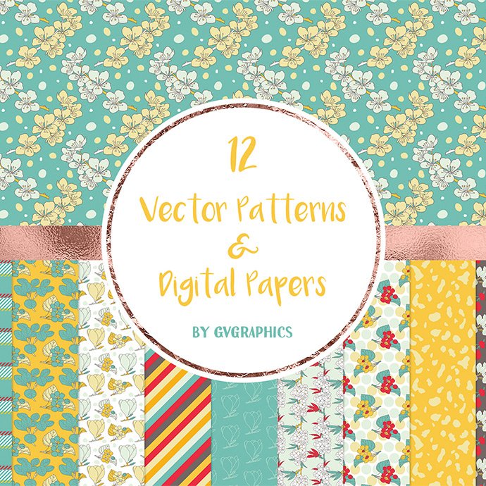 Vector Spring Flowers and Leaves Patterns and Digital Papers main cover.